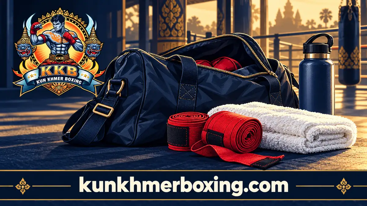 Illustrated gym bag, red hand wraps, towel and water bottle.