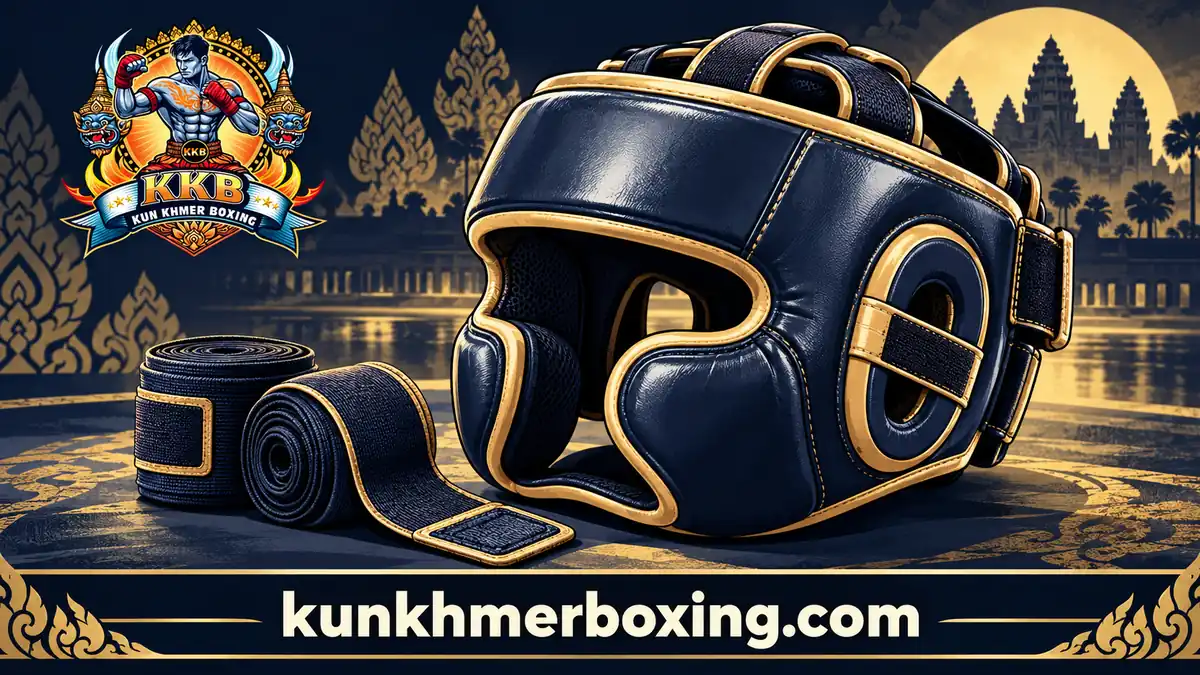 Illustrated navy and gold boxing headguard beside rolled hand wraps.