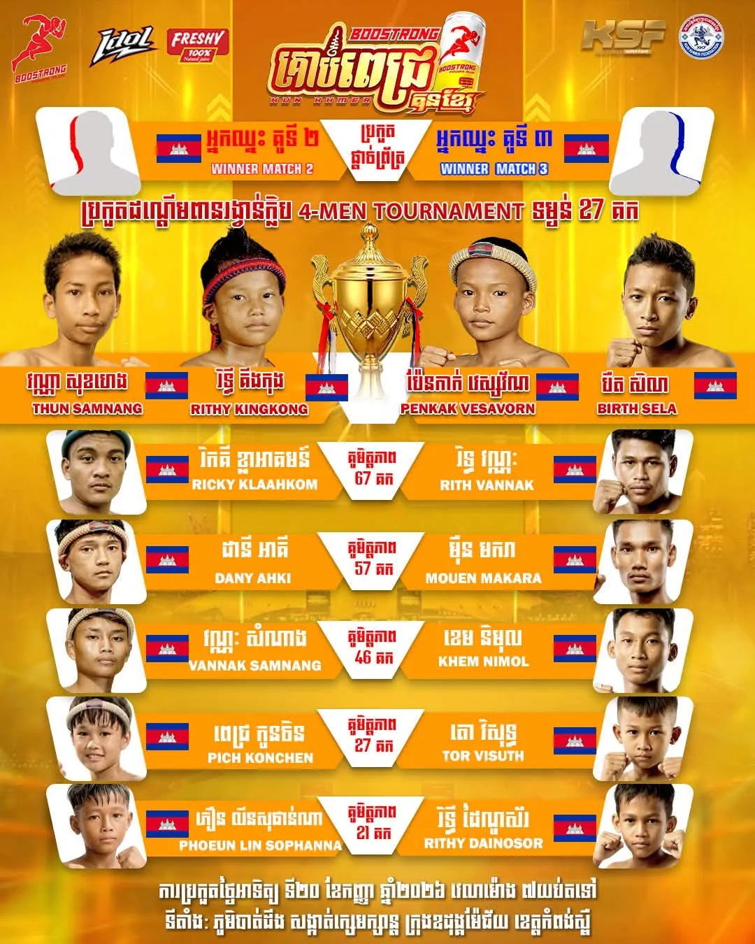 Boostrong Diamond 20 September, 14:00: five named bouts; the 27 kg tournament bracket is not confirmed. | Boostrong Diamond ២០ កញ្ញា ម៉ោង១៤៖ គូមានឈ្មោះ៥ និងពាន២៧គីឡូក្រាមមិនទាន់បញ្ជាក់គូ។