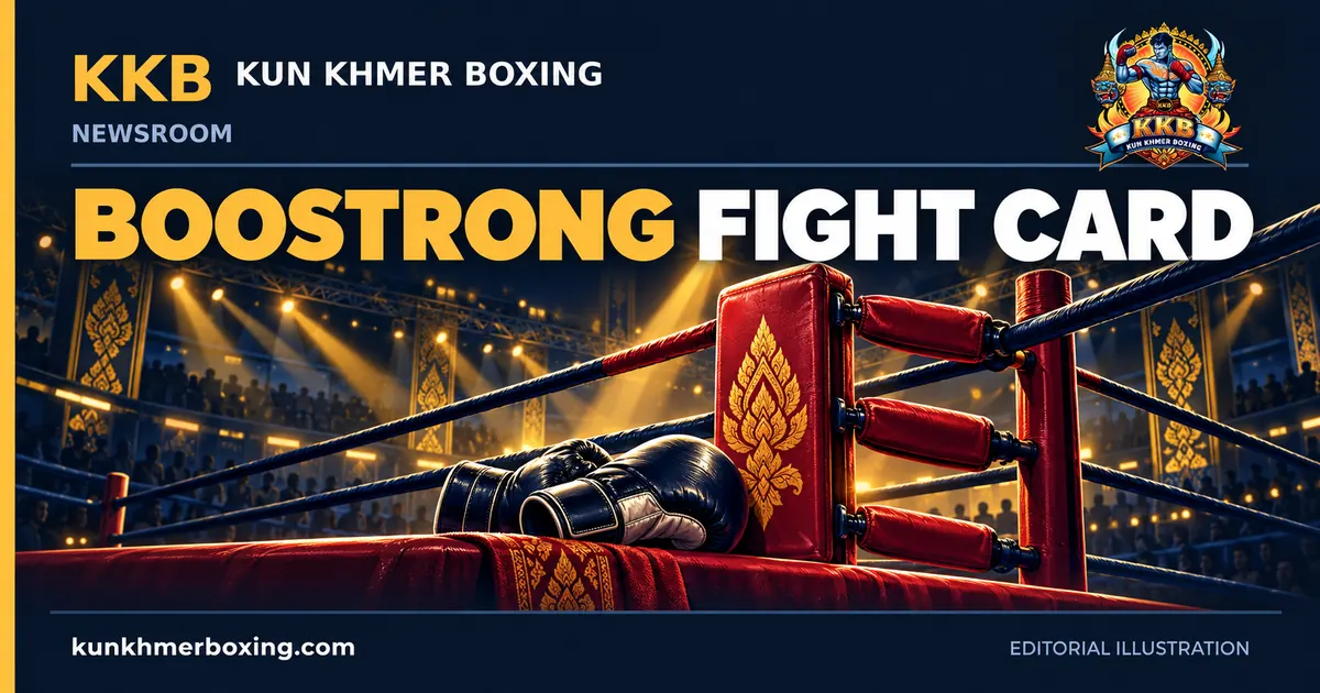 Red ring corner and boxing gloves beneath golden arena lights.