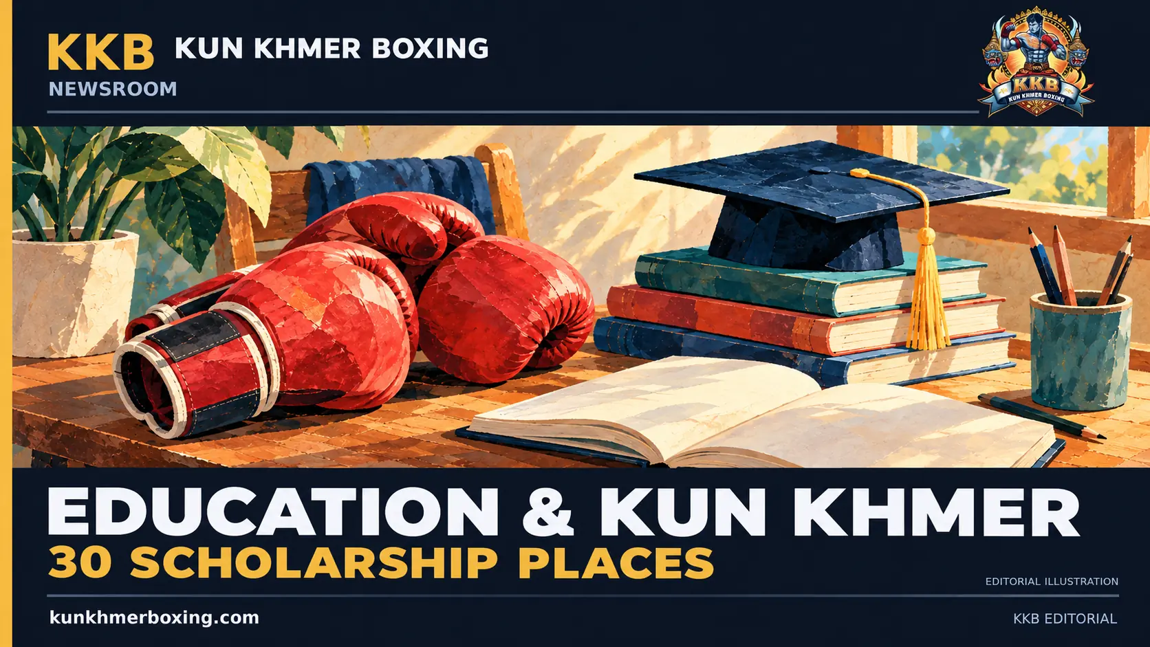 Boxing gloves, books and a graduation cap on a study desk