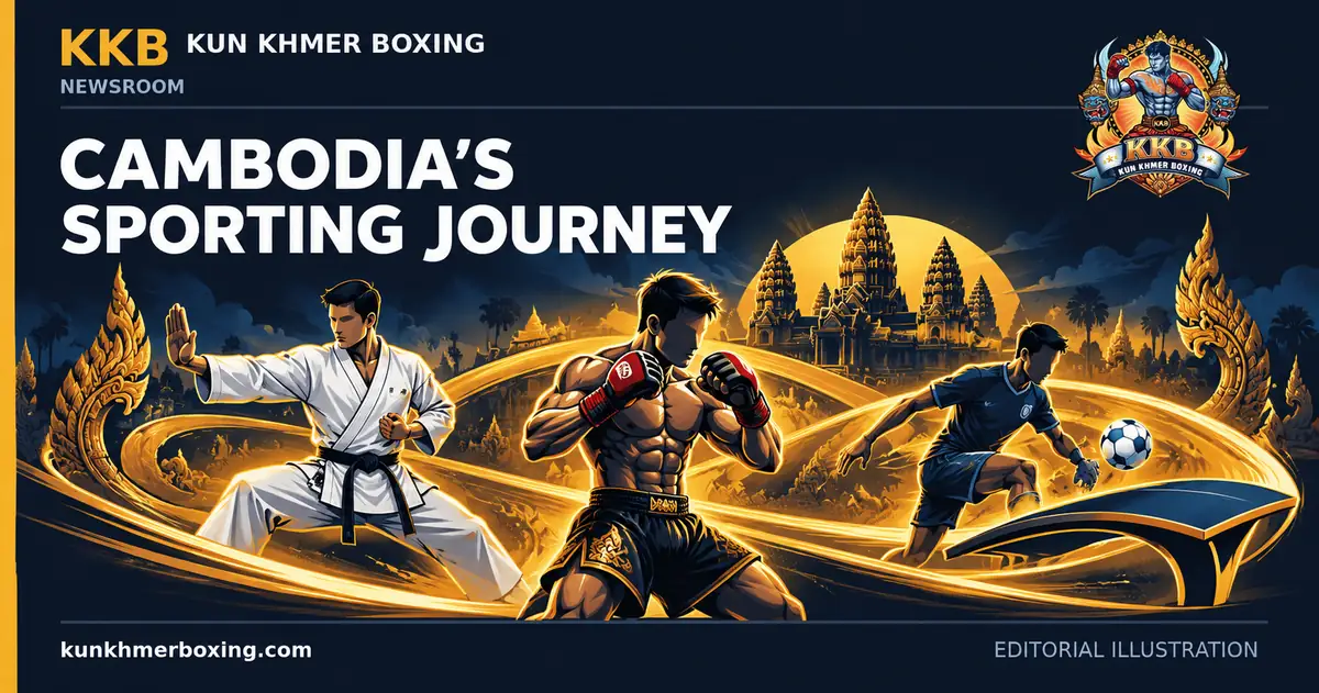 Symbolic karate, MMA and teqball athletes against a Cambodian-inspired backdrop.