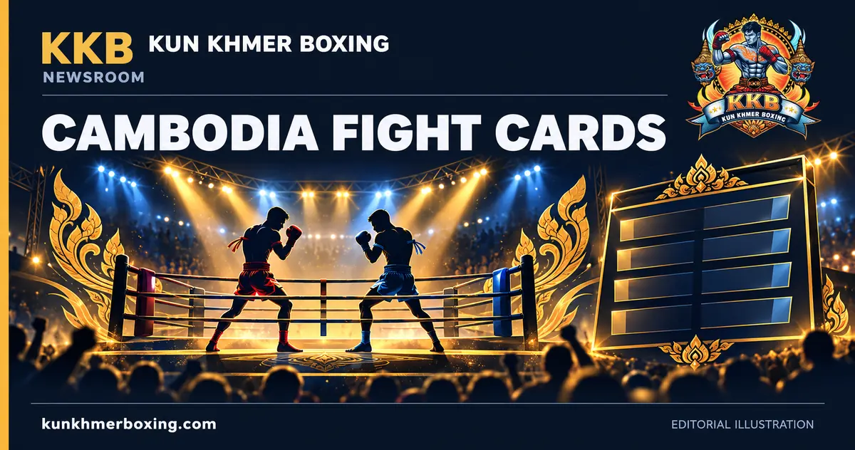 Anonymous kickboxers, illuminated ring and blank fight-card board in KKB colours.