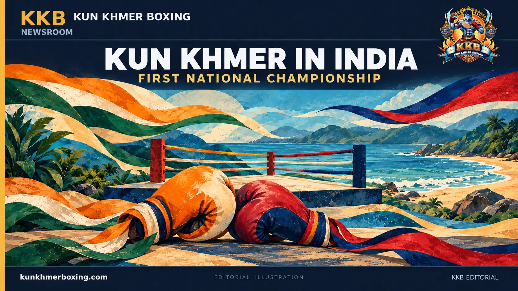 Boxing gloves and a ring in an imagined coastal scene with Indian and Cambodian colour motifs | ស្រោមដៃ និងសង្វៀនក្នុងទេសភាពឆ្នេរសមុទ្រស្រមៃ ជាមួយពណ៌ដែលរំលឹកដល់ឥណ្ឌា និងកម្ពុជា