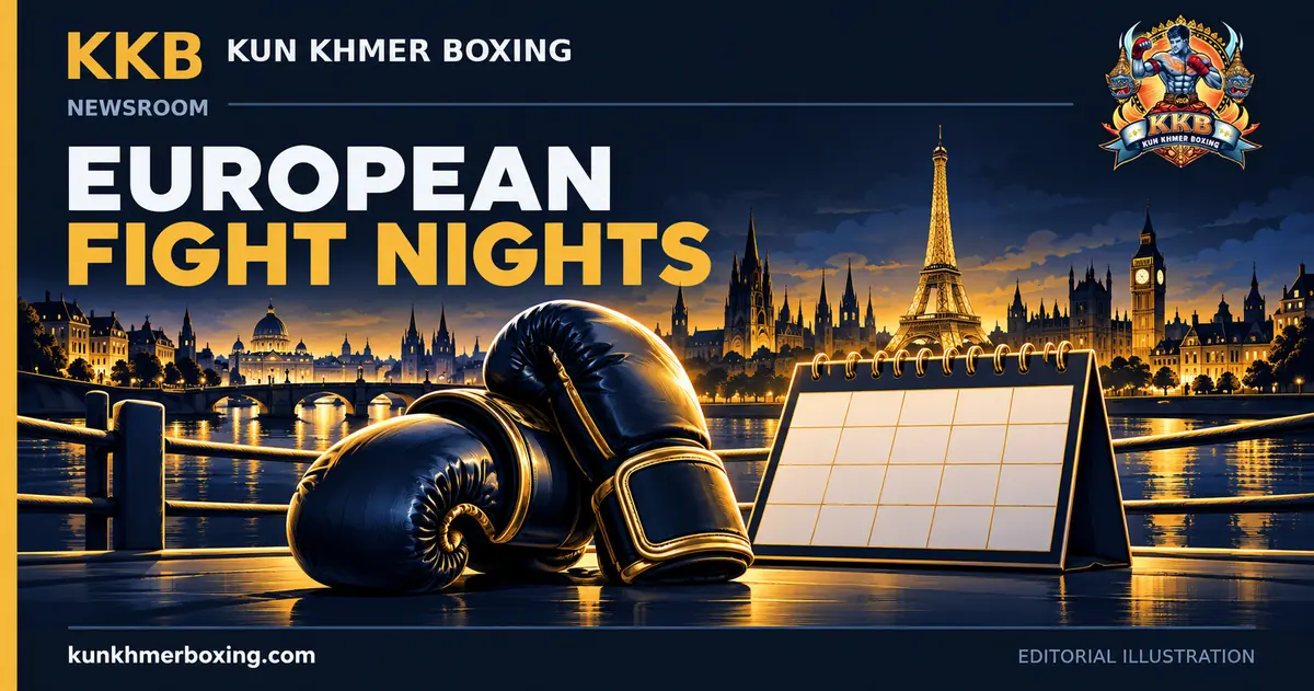 Boxing gloves and blank calendar before a symbolic European skyline.