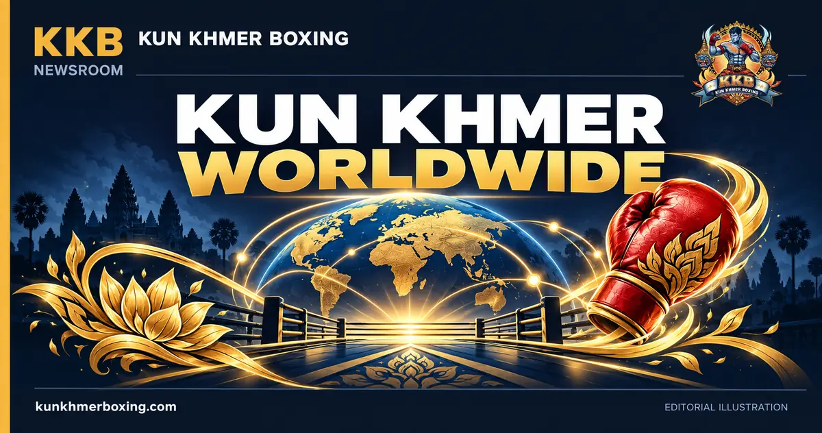 Globe, boxing glove and golden arcs symbolizing international Kun Khmer.