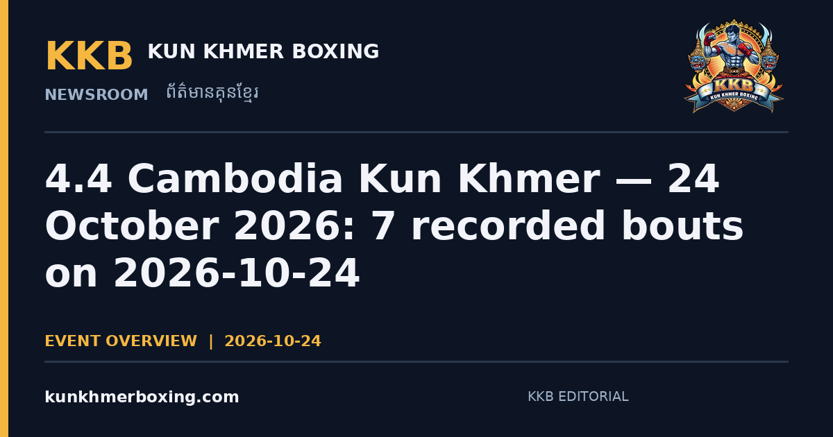 4.4 Cambodia Kun Khmer — 24 October 2026: 7 recorded bouts on 2026-10-24 — KKB editorial illustration | រូបភាពអត្ថបទ KKB៖ ៤.៤ Cambodia គុនខ្មែរ — ២៤ តុលា ២០២៦៖ 7 គូប្រកួត ថ្ងៃទី 2026-10-24