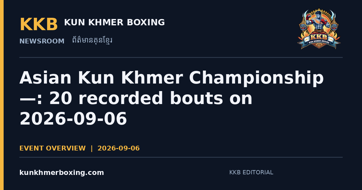 Asian Kun Khmer Championship — 2026-09-06: 20 recorded bouts on 2026-09-06 — KKB editorial illustration | រូបភាពអត្ថបទ KKB៖ Asian Kun Khmer Championship — 2026-09-06៖ 20 គូប្រកួត ថ្ងៃទី 2026-09-06