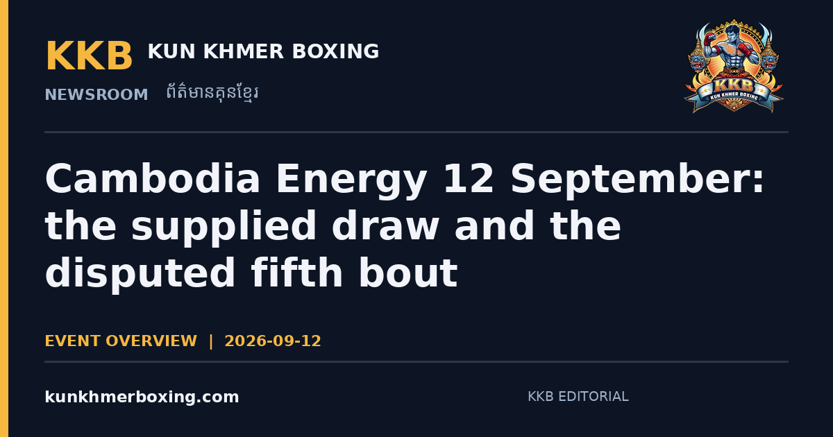 Cambodia Energy 12 September: the supplied draw and the disputed fifth bout — KKB editorial illustration | រូបភាពអត្ថបទ KKB៖ Cambodia Energy ថ្ងៃទី១២ កញ្ញា៖ គូដែលបានបញ្ជាក់ និងគូទី៥ ដែលមានព័ត៌មានផ្ទុយគ្នា