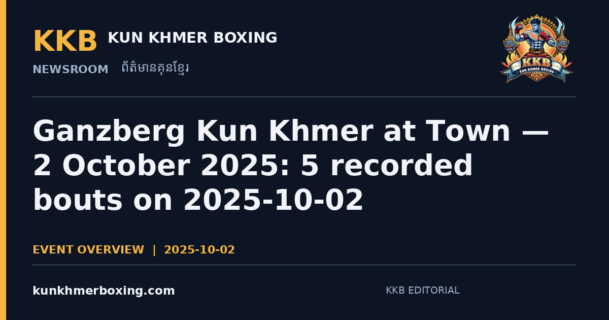 Ganzberg Kun Khmer at Town — 2 October 2025: 5 recorded bouts on 2025-10-02 — KKB editorial illustration | រូបភាពអត្ថបទ KKB៖ គុនខ្មែរ Ganzberg នៅថោន — ២ តុលា ២០២៥៖ 5 គូប្រកួត ថ្ងៃទី 2025-10-02
