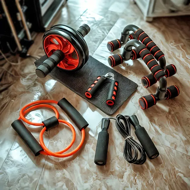 Seven-piece home kit with rope and grip trainer