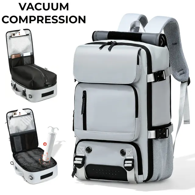 Vacuum travel backpack with pump, listed for 16-inch laptops