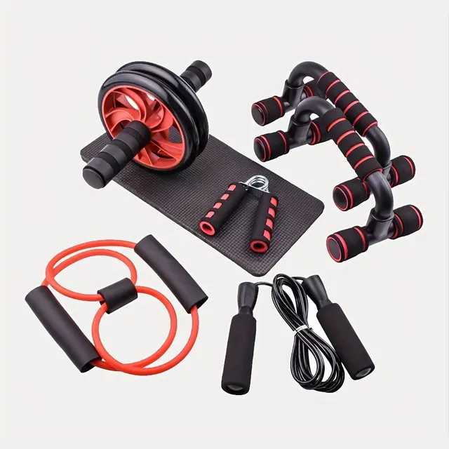 Seven-piece compact fitness kit with ab wheel