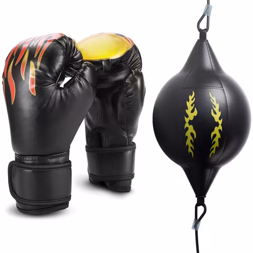 Three-piece hanging speed-ball and glove set