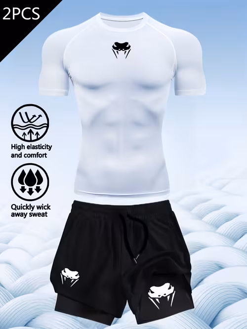 Printed polyester sports T-shirt and shorts set