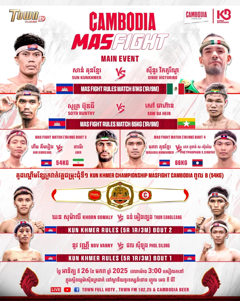 តារាងប្រកួតសង្វៀន Mas Fight Cambodia សប្តាហ៍នេះ 2025 ថ្ងៃទី 26 ខែមករា