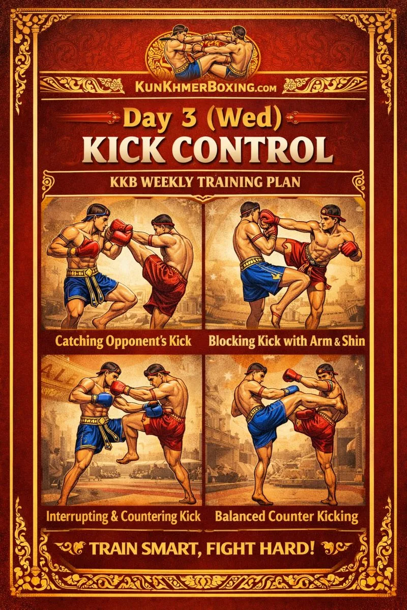 Day 3 (Wed) KKB kun khmer 🦵 Kick Control (Long Weapons) — Weekly Training Plan (3:30–5:30)