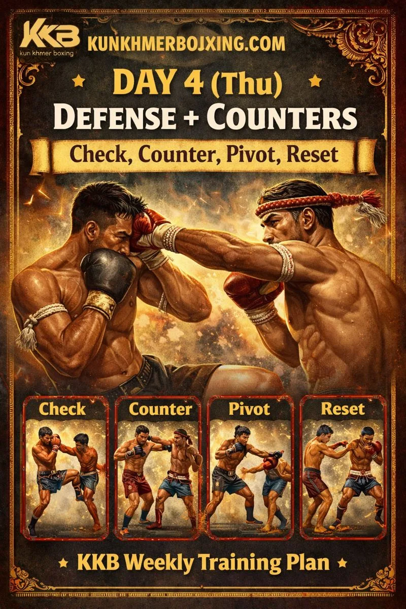 Day 4 (Thu) KKB kun khmer🛡️ Defense + Counters — Check, Counter, Pivot, Reset — KKB Weekly Training Plan (3:30–5:30)