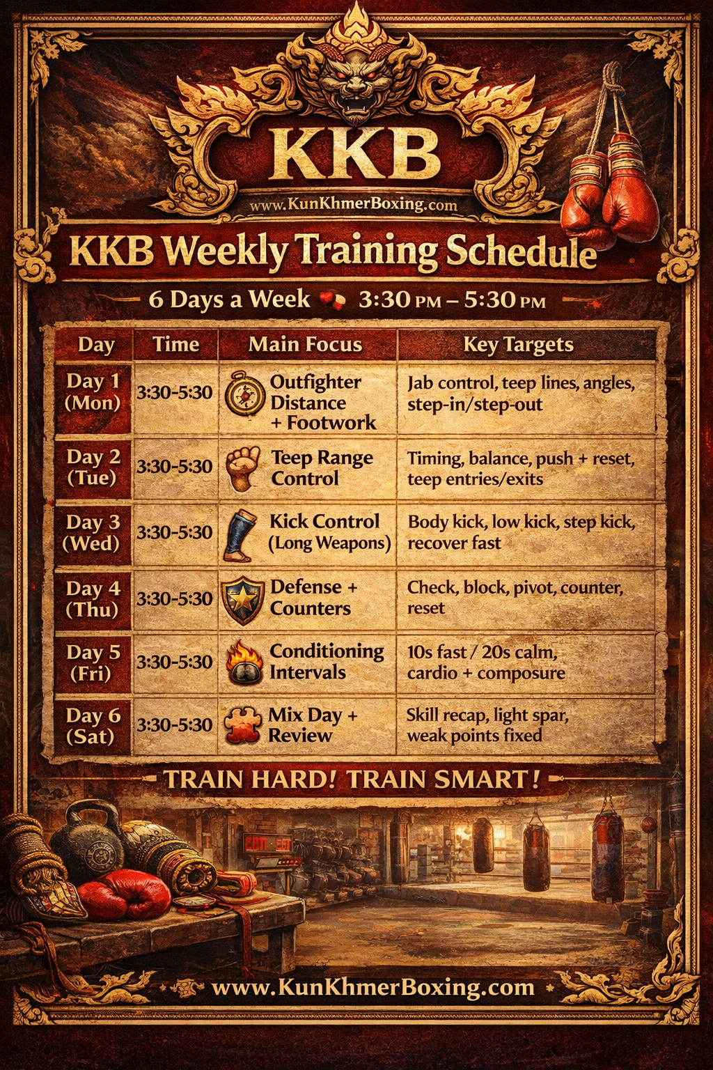 KKB Weekly Training Schedule 🥊 6 Days a Week (3:30 PM–5:30 PM) | KKB Weekly Training Schedule 🥊 6 Days a Week (3:30 PM–5:30 PM) — រូបភាពផ្លូវការ KKB