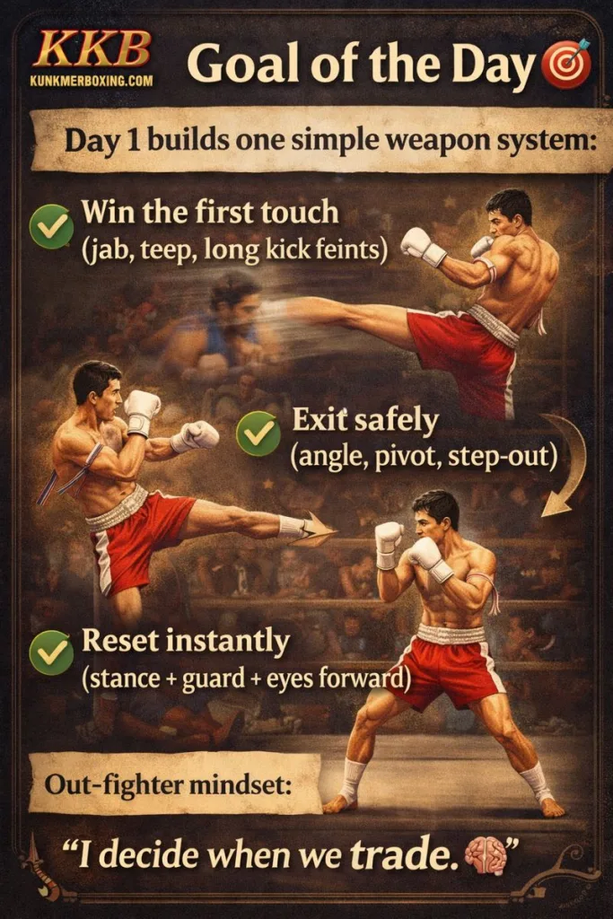 Goal of the Day 🎯
Day 1 builds one simple weapon system:

✅ Win the first touch (jab, teep, long kick feints)
✅ Exit safely (angle, pivot, step-out)
✅ Reset instantly (stance + guard + eyes forward)
Out-fighter mindset: “I decide when we trade.” 🧠