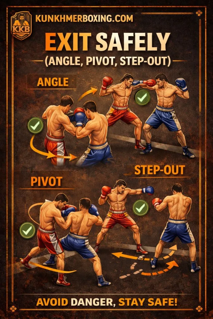 Exit safely (angle, pivot, step-out)