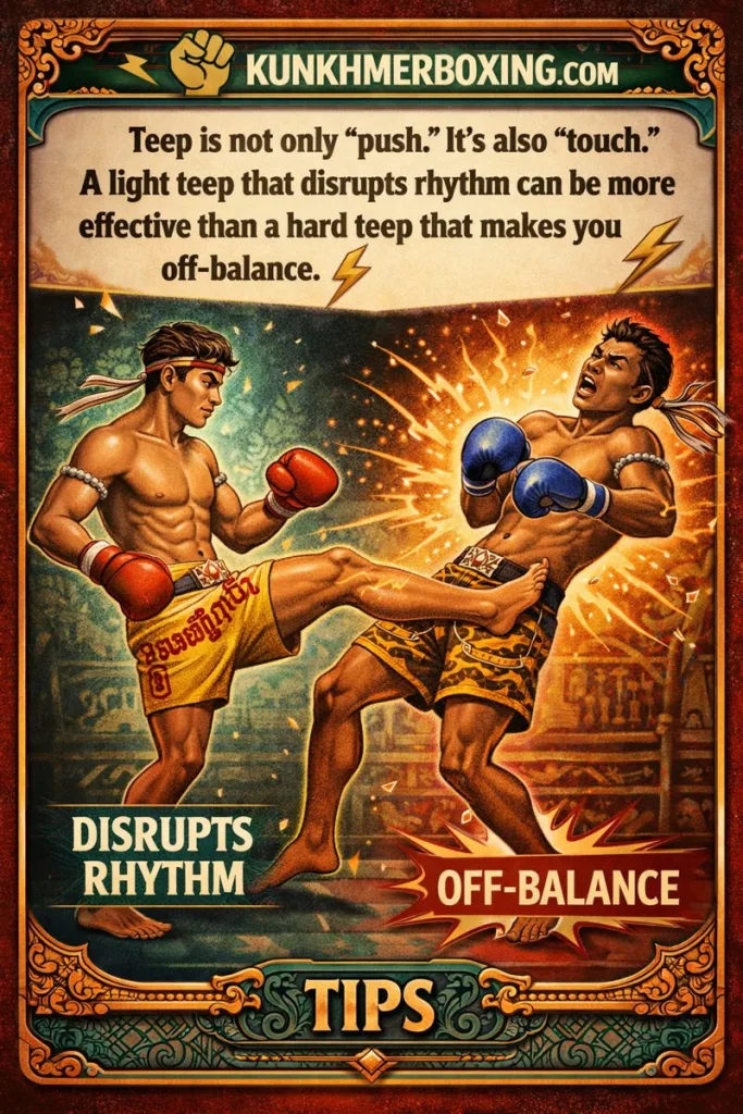 Distance cheat code: Teep is not only “push.” It’s also “touch.” A light teep that disrupts rhythm can be more effective than a hard teep that makes you off-balance. ⚡