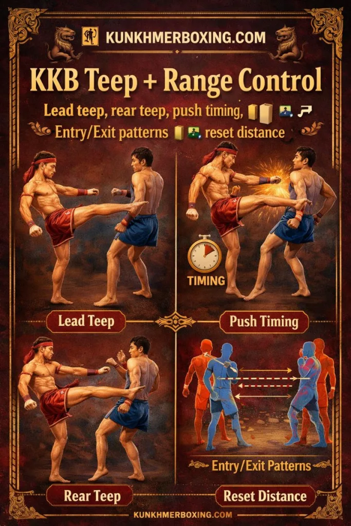 Lead teep, rear teep, push timing, Entry/Exit patterns 🚪↩️, reset distance