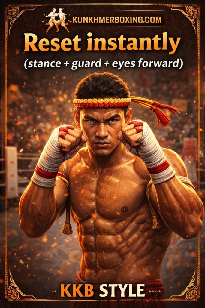 Reset instantly (stance + guard + eyes forward)