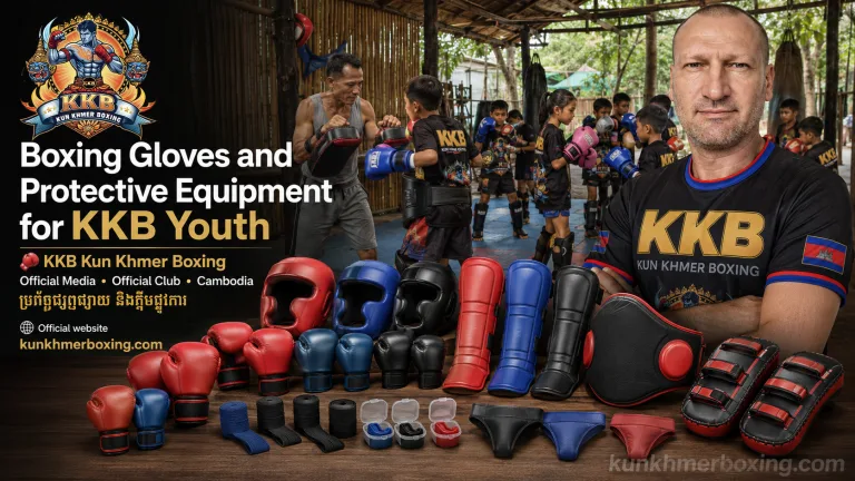 Boxing gloves and protective Kun Khmer training equipment for KKB youth in Battambang Cambodia