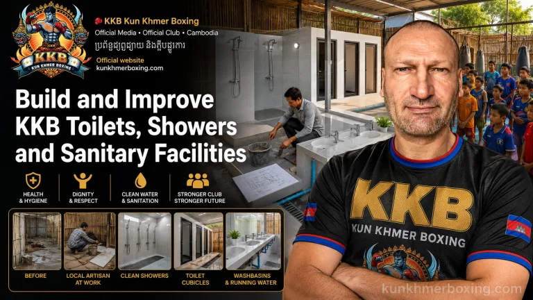 Robert Grégoire supporting the construction of toilets showers and sanitary facilities at KKB Kun Khmer Boxing Battambang