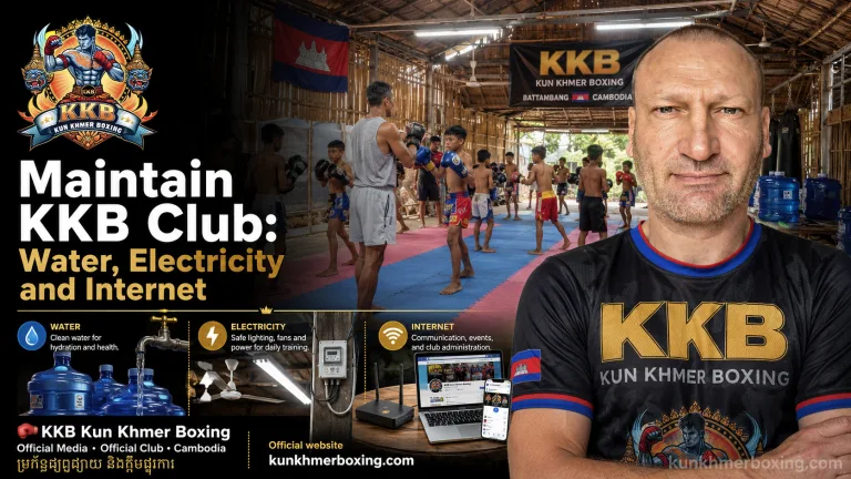 Robert Grégoire maintaining water, electricity and internet services at KKB Kun Khmer Boxing Club in Battambang