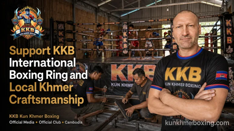 Robert Grégoire with the KKB international boxing ring, young Kun Khmer fighters and local Khmer craftspeople in Battambang