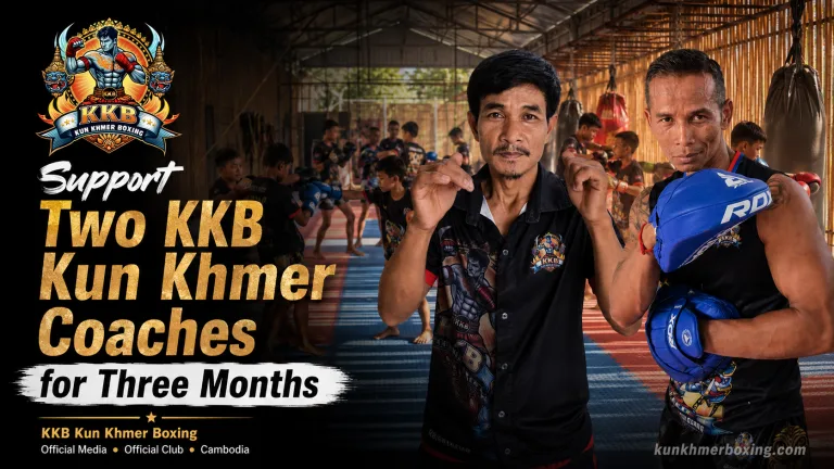 KKB coaches Chaut Samnang and Chea Yuta Aka training Cambodian children at KKB Kun Khmer Boxing Club in Battambang
